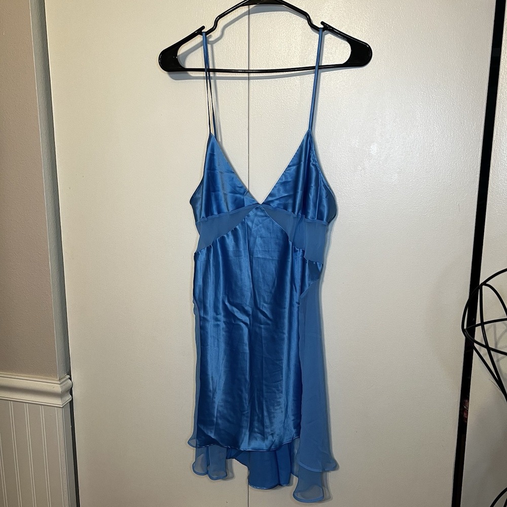 Victoria's Secret Blue Satin Lace Lingerie Slip Chemise Dress Nightgown Size L
